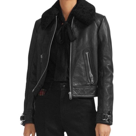 Maje Basara Leather Zip Front Shearling Collar Bomber Jacket, Size FR40 (US8) - Picture 2 of 7